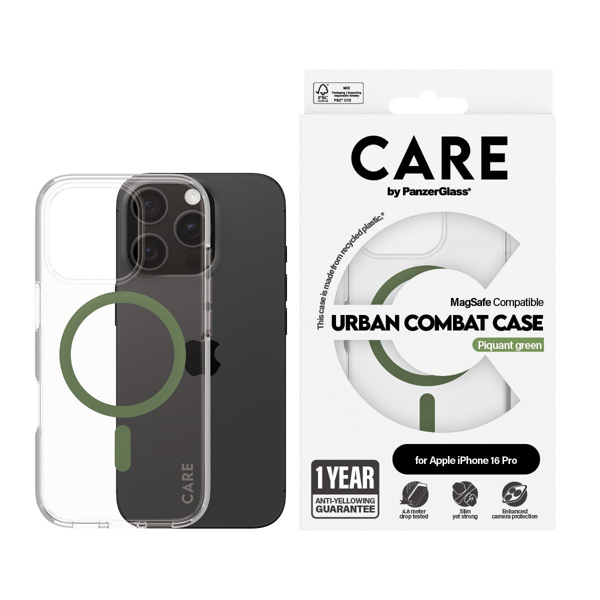 CARE by PanzerGlass® Flagship Case Transparent Urban Combat m. Grün MagSafe iPhone 16 Pro